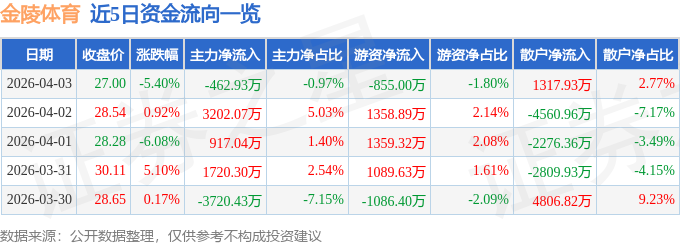 金陵体育（300651）4月3日主力资金净卖出46293万元